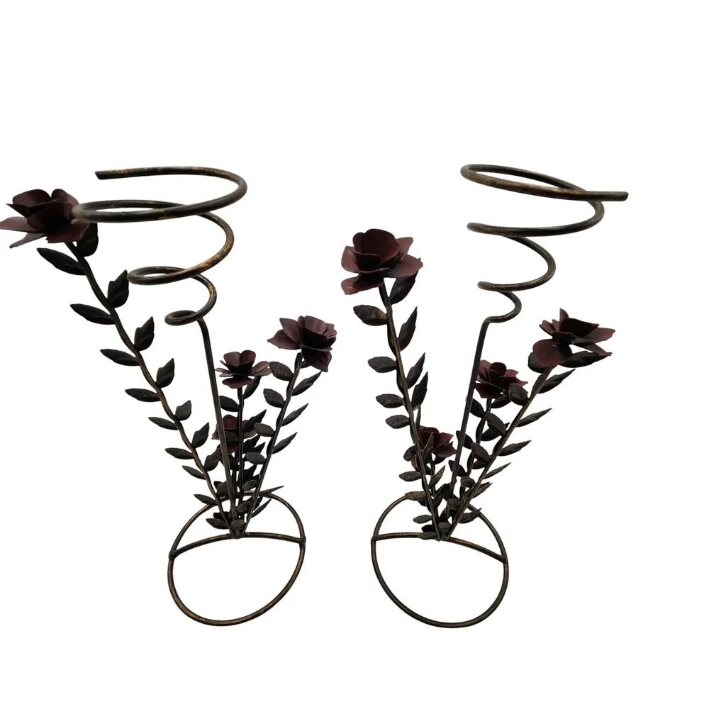 Pair Vtg Metal Rose Flower Votive Candle Holders Spiral Wire Tower Romantic Goth